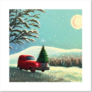 Vintage Red Christmas Truck Wanderlust in the Xmas Tree Farm 60s Christmas Vacation Posters and Art